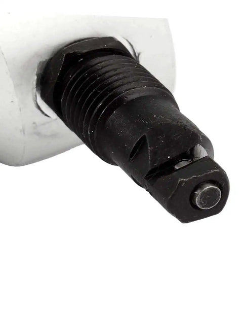 Close-up of Built Tough Nibbler Cutter Drill Attachment for Metal Sheets, black silver tone, precise 7.4mm cutting diameter.