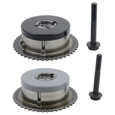 Pair of camshaft timing phasers with steel sprockets and mounting bolts