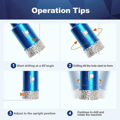 Two Pack Dry Diamond Core Drill Bit Set 1 Inch 25mm Triangle Shank Diamond Hole Saw Bits For Porcelain Tile Ceramic Stone Granite Marble Concrete Masonry Dry Drilling operation tips