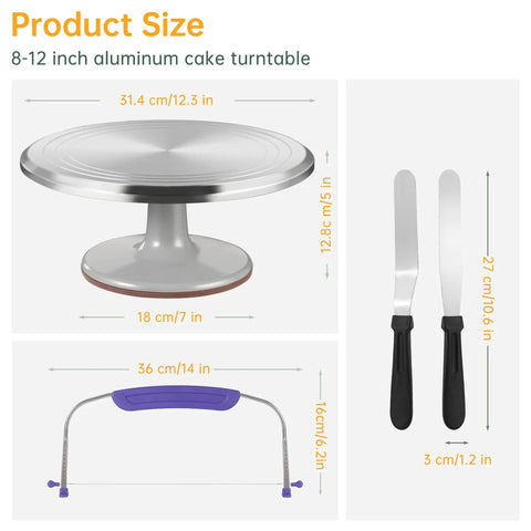12 Inch Aluminum Cake Turntable Decorating Stand With Rotating Cake Stand Go To Kit For Cakes And Pastries Including Leveler Icing Comb Set 8 Pro Grade Decorating Tips Reusable Coupler And 10 Disposable Pastry Bags