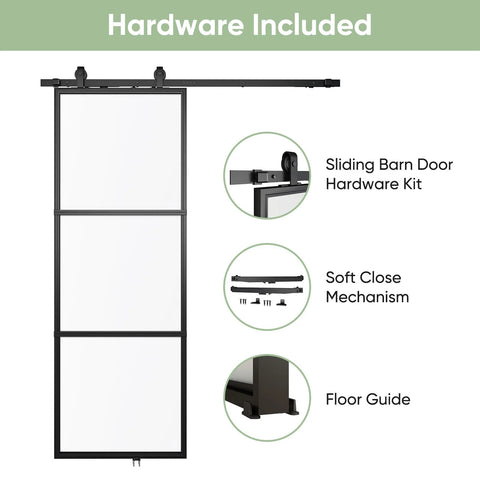 Frosted Glass Barn Door 30In By 84In With Top Mounted Hardware Kit Soft Close Black Carbon Steel Frame Tempered Glass