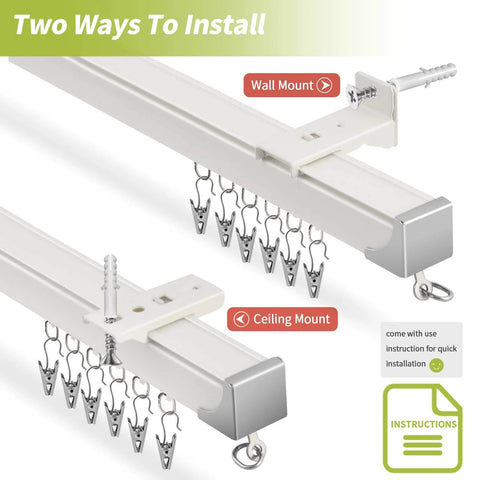Heavy Duty Aluminum Ceiling Curtain Track System, 3 Pack of 3 Ft Rails, showing wall and ceiling mount installation options