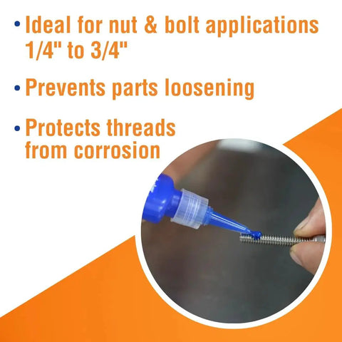 Medium Strength Blue Thread Locker For Automotive Bolts And Nuts That Keeps Bolts From Coming Loose Under Vibration Seals And Protects Threads From Corrosion 6 Ml Tube Removable With Hand Tools For One Quarter Inch To Three Quarter Inch Fasteners Permatex being applied to a bolt with text detailing uses and benefits.