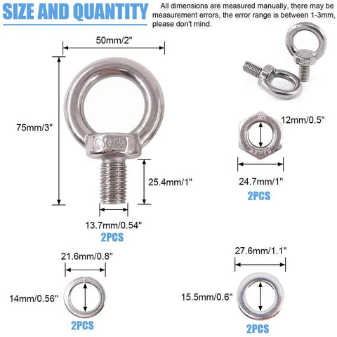 Heavy Duty M14 Eye Bolt Set In 304 Stainless Steel With Lock Nuts, Lock Washers, And Flat Washers For Lifting, Rigging, And Securing Projects, Corrosion Resistant, Rust Proof, High Strength Hardware Kit For Tough Jobs, showing dimensions and components.