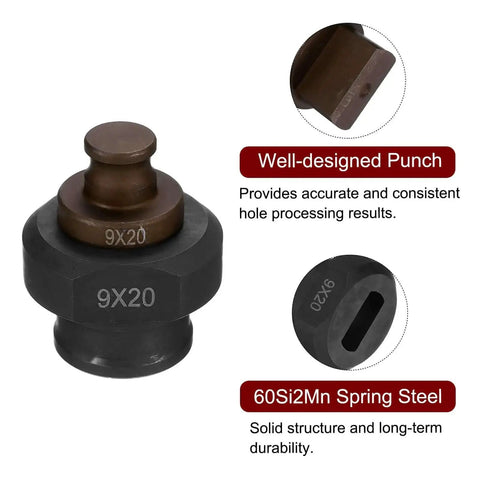 Pro-Grade Hydraulic Hole Punch Die 9x20mm in durable 60Si2Mn steel, showing top and bottom views for precise oval holes.