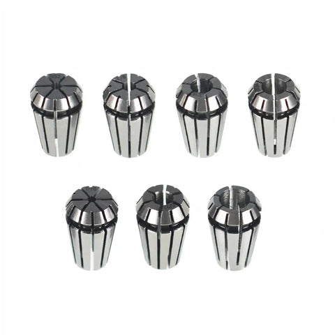 ER11 Spring Collet Set for CNC Milling and Engraving 1 16th Inch to 1 Quarter Inch Carbon Steel 7 Pack displayed.