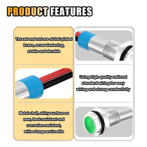 5 Piece 6MM One Quarter Inch LED Indicator Light Kit, AC DC 12 24V Waterproof IP66 metal signal lamp with 145mm wire