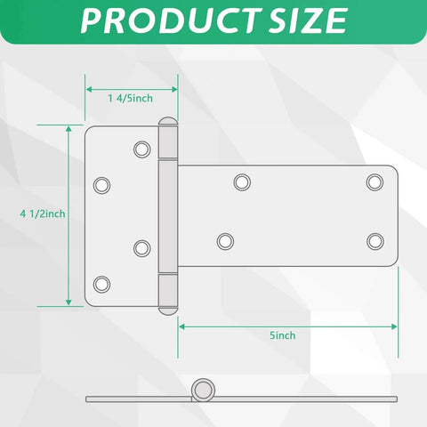 Sizing diagram of 5 Inch T Strap Heavy Duty Gate Hinges 260 lb capacity 4 pack with measurements for barn doors.