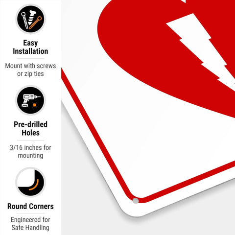Close-up of AED Sign For Automated External Defibrillator 10 By 14 Inches 55 Mil Thick HDPS with pre-drilled holes and round corners