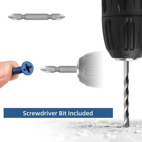 One Quarter Inch By Six Inch Heavy Duty Concrete Screw Anchor Set With Blue Ruspert Coating shown with drill and screwdriver bit