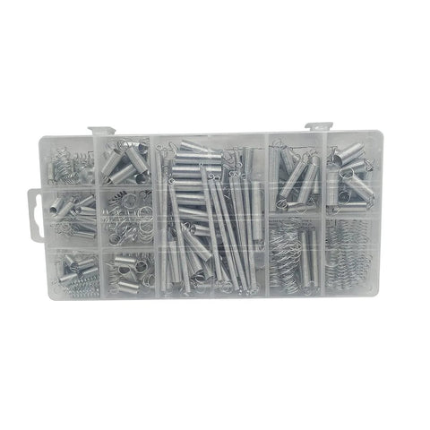 200-pcs spring assortment kit: zinc-plated steel compression and extension springs in 20 sizes in a clear plastic box