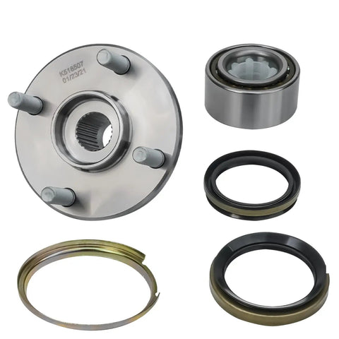 All In One Front And Rear Wheel Bearing Hub Assembly Kit For Four Lug Non ABS Fits Toyota Corolla 1993-2002, Chevy Prizm 1998-2002, Geo Prizm 1993-1997 Four Lug Hub Set components displayed