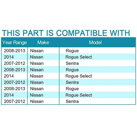 Chart showing vehicle compatibility for Front Wheel Bearing Hub Assembly For Nissan Rogue 2008 2013 And Nissan Rogue Select 2014 Plus Sentra Two Point Five Liter Four Cylinder 2007 2012 With Five Lug And ABS Affordable Replacement Part For Easy Install Smooth Ride And Reliable Performance