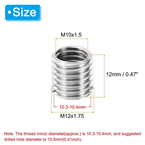 Front view of stainless steel thread-reducing sleeve insert: M12x1.75 to M10x1.5