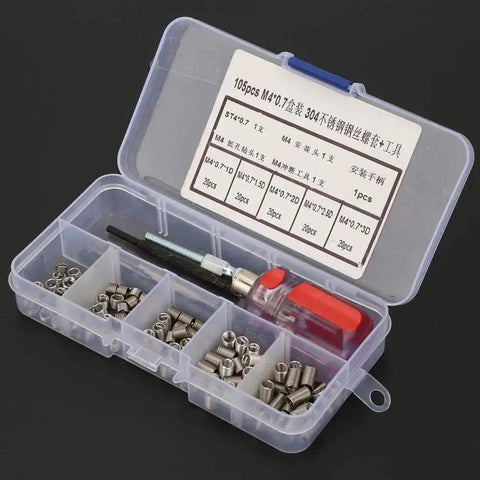 105 Piece Stainless Steel Threaded Inserts Repair Kit Helicoil Style Wire Inserts Installation Set DIY Friendly For Aluminum And Other Metals M4 X 0.7 Thread Size Includes Easy Install Tools in an open case showing inserts and tools.