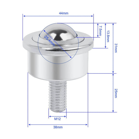 Roller Ball Transfer Bearing Casters 1 Inch Diameter M12 Ball Transfer Unit with dimensions and stud mount