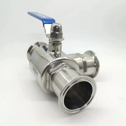2 Inch Sanitary Tri Clamp Ball Valve 3 Way T Port With PTFE Seat Stainless Steel 304 Blue Handle 64mm OD Flange