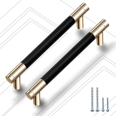 Two 12 pack knurled cabinet handles 5 inch hole center 6.2 inch length aluminum pulls, gold and black oxidation finish, shown with screws
