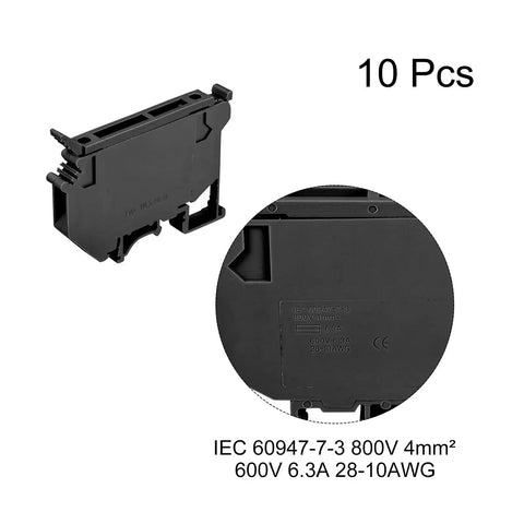 10-piece set of DIN Rail Mount Screw Type Fuse Holder Terminal Block Black UK5, side and close-up views, for electrical systems.