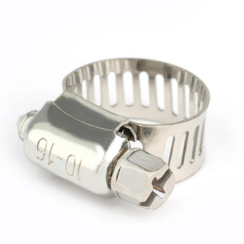 Stainless steel hose clamp with screw mechanism, adjustable inner diameter 10–16 mm, pack of 4, front view.