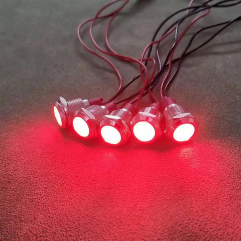 5 Pack 12mm LED Indicator Light Red Waterproof AC DC 12 To 24V Signal Lamp With Wire, glowing on dark background