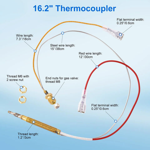 Outdoor patio heater thermocoupler sensor, Amazon brand, 16.2" long with M8/M6 threads, end nuts, red/gray/orange wires
