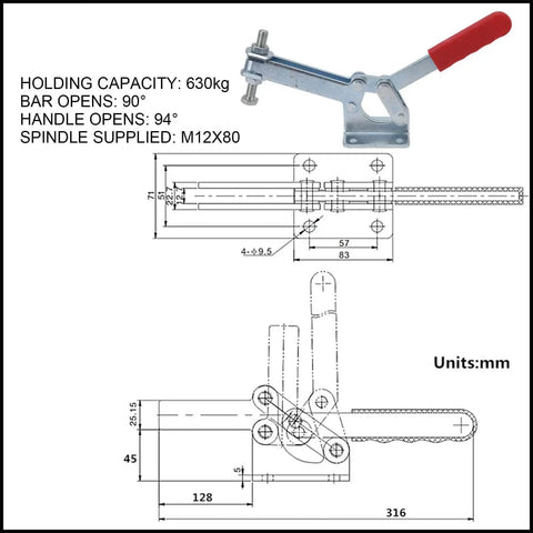 Heavy Duty Toggle Clamp 630kg Holding Horizontal Quick Release Hold Down Clamp For Woodworking Jigs And Fixtures Welding Built Tough Stable And Sturdy For Precise And Efficient Part Holding with technical dimensions and specifications