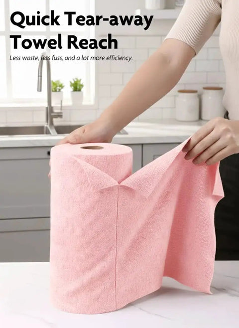Person tearing a sheet from Microfiber Cleaning Cloth Roll 60 Pack Tear Away Towels 12x12 Reusable Pink Grey