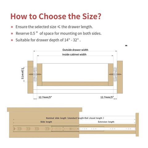 Diagram showing size selection for Heavy Duty Drawer Slides 180 Lb Capacity Full Extension Ball Bearing Rails with measurements.