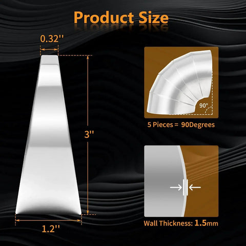 Diagram of 304 Stainless Steel Pie Cuts 3 Inch Polished Deburred Exhaust Cutouts 5 Pcs showing dimensions and wall thickness.