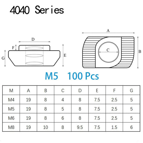Diagram of 4040 Series M5 T Nuts Hammer Head T Slot Nut Fasteners Nickel Plated Carbon Steel Nuts For Aluminum Profiles Pack Of 100