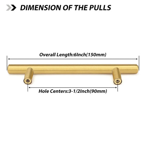 10 Pack Brushed Brass Finish Stainless Steel Cabinet Handles And Drawer Pulls For Kitchen And Bathroom Cupboards, 6 Inch Overall Length, Three And One Half Inch Hole Centers, 12mm Diameter, 32mm Projection, Durable Modern Hardware dimensions
