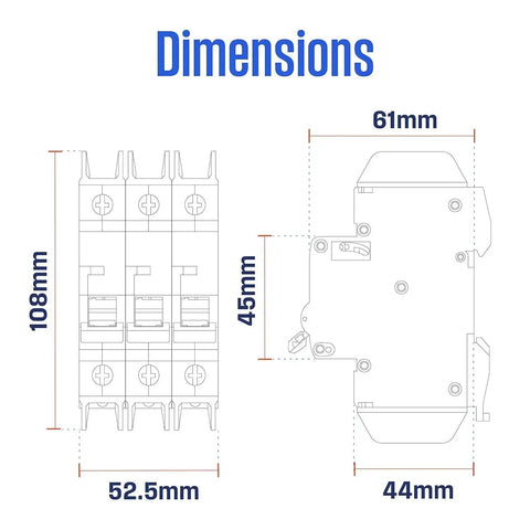 Dimensions diagram of UL 489 AC Miniature Circuit Breaker 5 Amp 3 Pole D Curve 480Y 277V AC 10kA SCCR Thermal Magnetic Trip