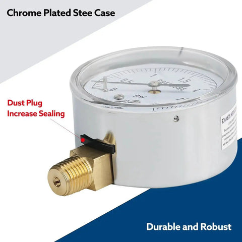 Low Pressure Capsule Gauge 0 to 3 Psi for Air Water and Gas Testing, two and a half inch dial, chrome plated steel case, side view