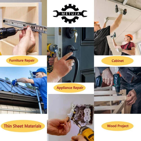 Collage of DIY projects including furniture repair, cabinet installation, appliance repair, and wood projects using tools.