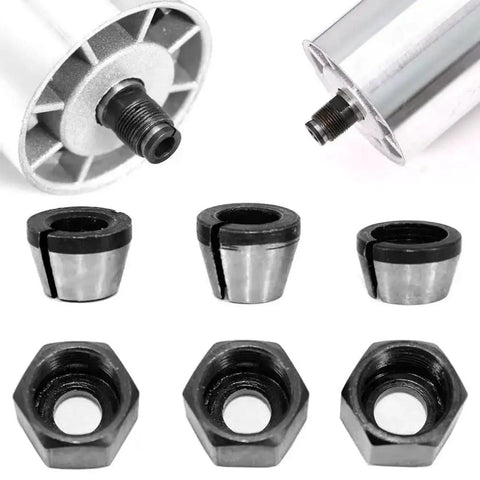 Three Piece Wood Router Collet Adapter Kit With Nuts For Flush Trim Router Bits 6mm 6.35mm And 8mm Shanks displayed with router and nuts