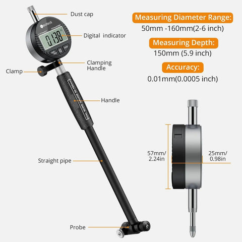 Pro Grade Digital Bore Gauge Set For 2 To 6 Inch Cylinders With Self Centering Dial Indicator Carbide Anvils Insulated Grips For Deep Engine Cylinder Measurements 0.0005 Inch Resolution Black showing digital display and components