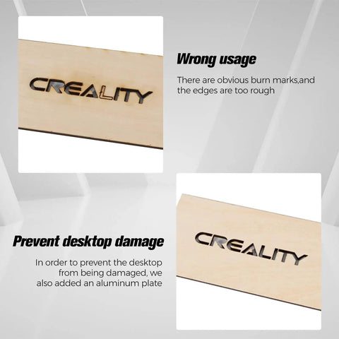 Wood panel showing 'Creality' engraving with burn marks and rough edges illustrating wrong usage.