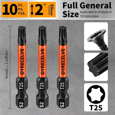 10 Pack T25 Torx Bits For Impact Driver, 2 Inch Magnetic Torx Star Bit Set With CNC Machined Tips, S2 Alloy Steel