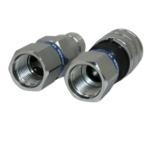 Two chrome-plated steel hydraulic quick-connect couplers, ISO 16028 flat-face, 1/2 in body with 3/4 in SAE O-Ring Boss