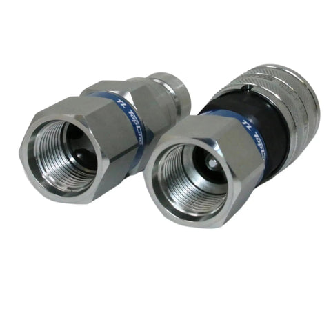 Flat Face Hydraulic Quick Connect Coupler Set For Skid Steer Bobcat Attachments One Half Inch Body With Three Quarter Inch SAE O Ring Boss Thread ISO 16028 Heavy Duty TL22 Blue Dust Caps