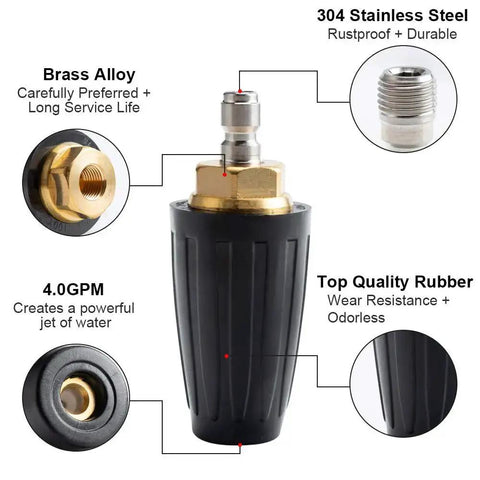 Turbo Rotating Pressure Washer Nozzle With 4000 PSI Max And Quarter Inch Quick Connect showing brass alloy and stainless steel parts.