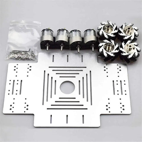 4WD Mecanum Wheel Robot Car Chassis Kit with 3mm aluminum frame, 325 by 230 mm platform, 4 DC motors, ideal for Arduino and STM32 projects.