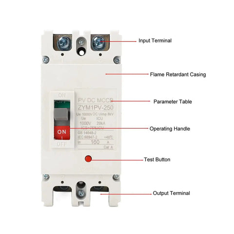 Two Pole 160 Amp Direct Current Miniature Circuit Breaker 20kA Short-Circuit Capacity 1000V Rating Flame Retardant Compact Easy Install