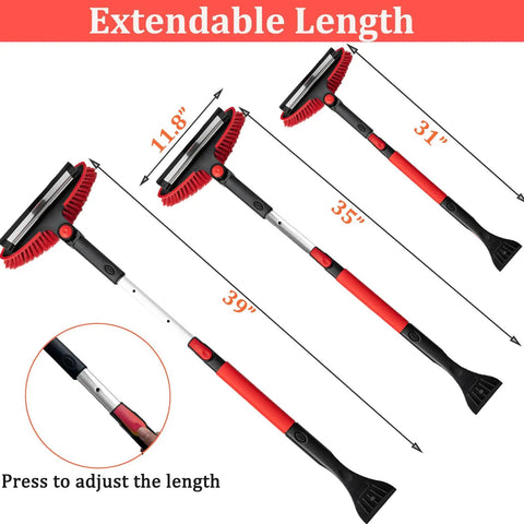 Extendable car snow brush ice scraper with squeegee, showing adjustable lengths of 11.8in, 31in, 35in, and 39in.
