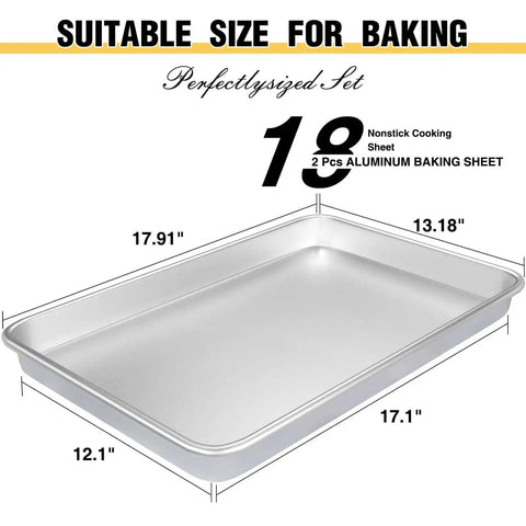 Pro Level Pure Aluminum Baking Sheet Pan Set No Coating Warp Resistant Half Sheet Pan showcased with dimensions