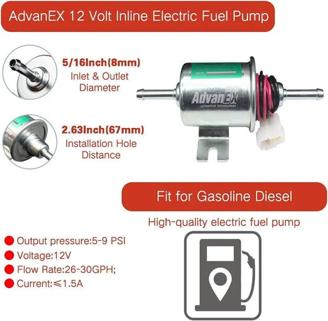 12V Inline Electric Fuel Pump Low Pressure 5-9 PSI For Gas And Diesel Universal Fit Metal Solid Body Compatible With Carburetors HEP-02A