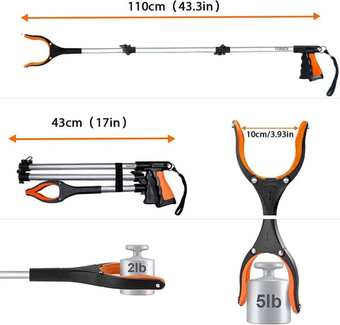 43 Inch Foldable Grabber Reacher Tool Two Pack With Rotating Jaw Magnets Heavy Duty Pickup Tool, extended and folded view