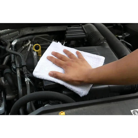 Hand cleaning car engine with Virgin Terry Cotton Towels Pack Of 60, 14 By 17 Inches, White, Medium Lint, Terry Cloth Bath And Kitchen Towels