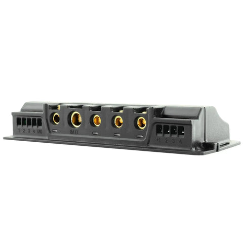 Side view of 4 Channel 100 Amp Solid State Relay Block for Marine, Powersports and Car Accessories, with independent outputs and connectors.